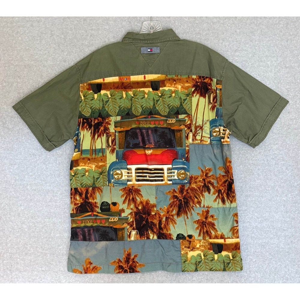 Tommy Jeans Tropical Taxi Truck Shirt Mens Large Green Short Sleeve